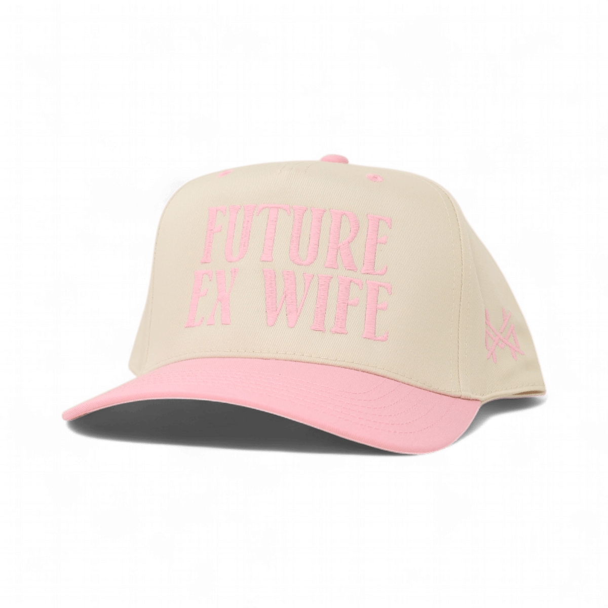 The Mad Hatter Company Future Ex Wife Snapback Hat, natural crown with a pink bill and pink lettering