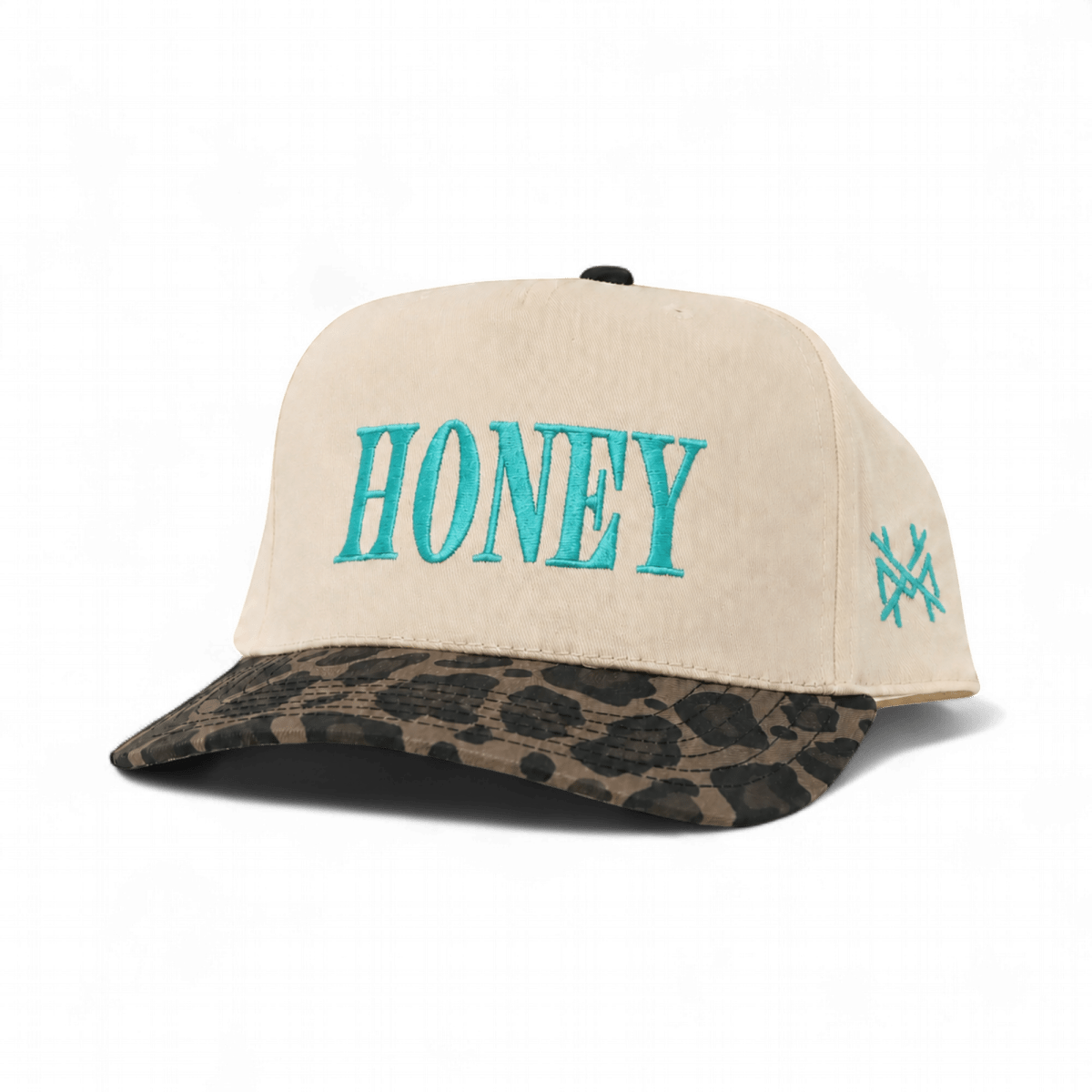 The Mad Hatter Company Honey Snapback, natural crown with a leopard-pattern bill and teal lettering