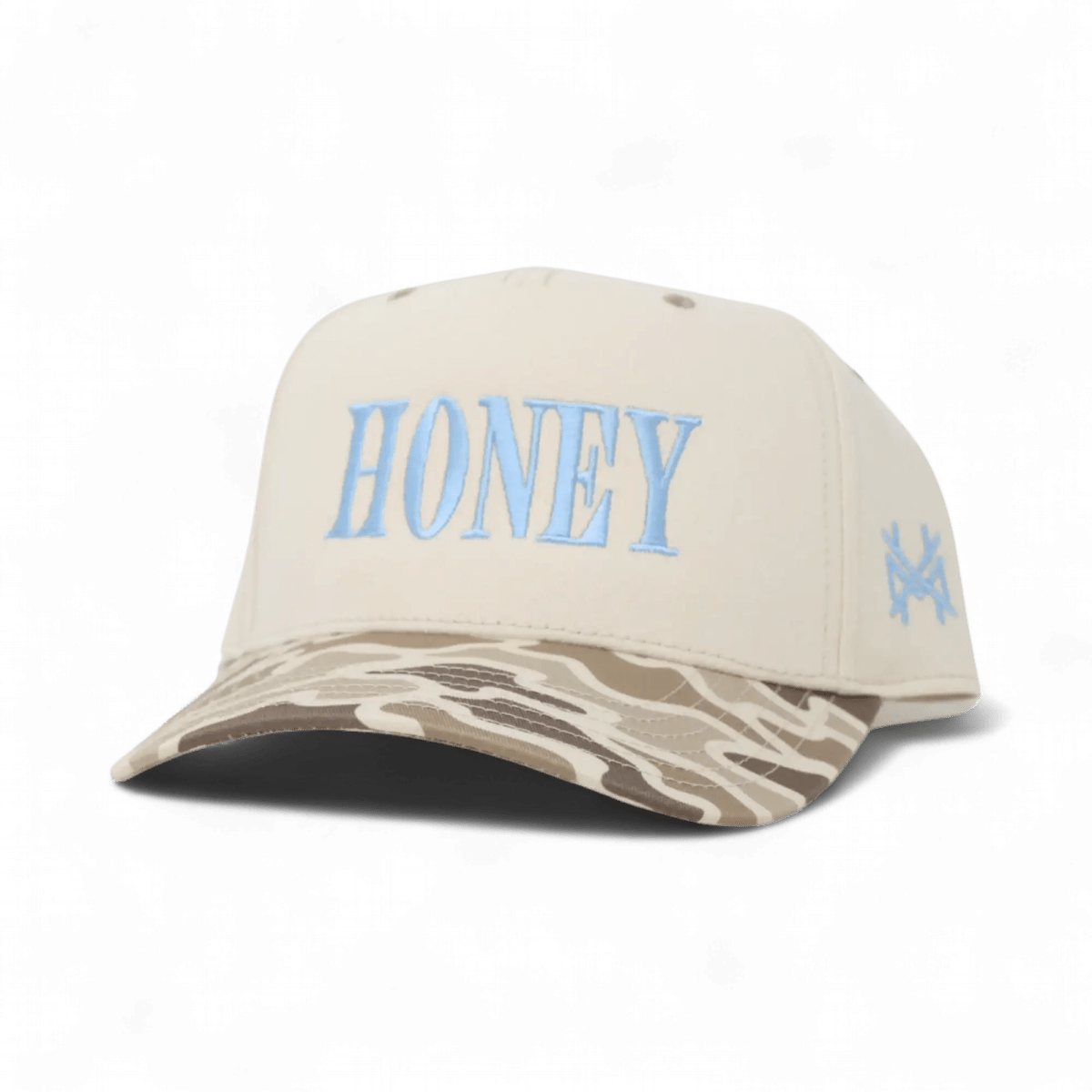 The Mad Hatter Company Honey Snapback, natural crown with a camouflage bill and blue Honey lettering