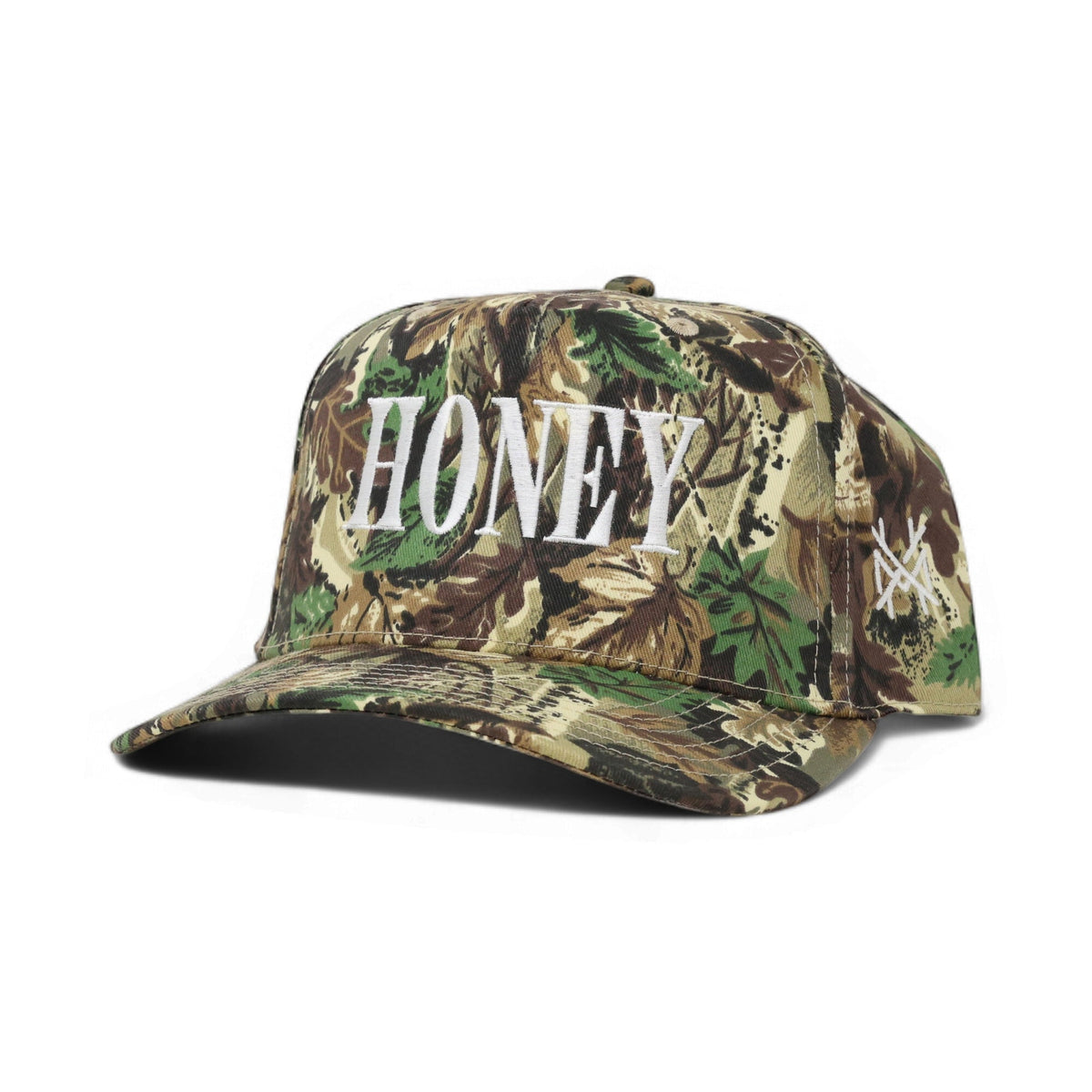 The Mad Hatter Company Honey Snapback, leaf camouflage crown and bill with Honey lettering