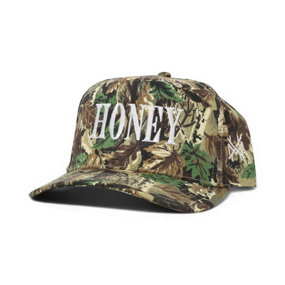 The Mad Hatter Company Honey Snapback, leaf camouflage crown and bill with Honey lettering