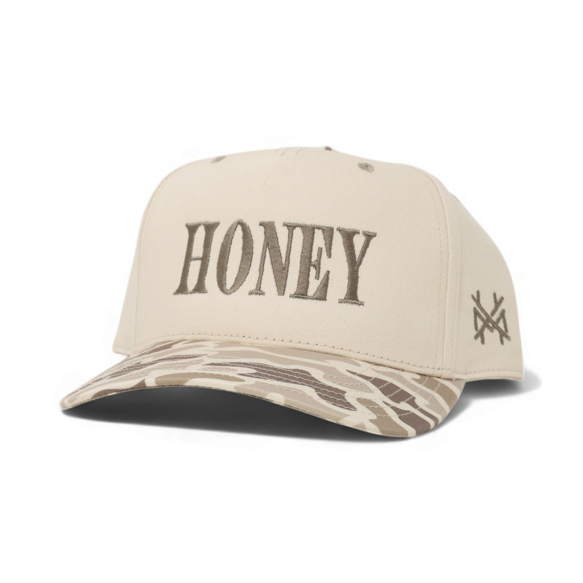 The Mad Hatter Company Honey Snapback, natural crown with a pale camouflage brim