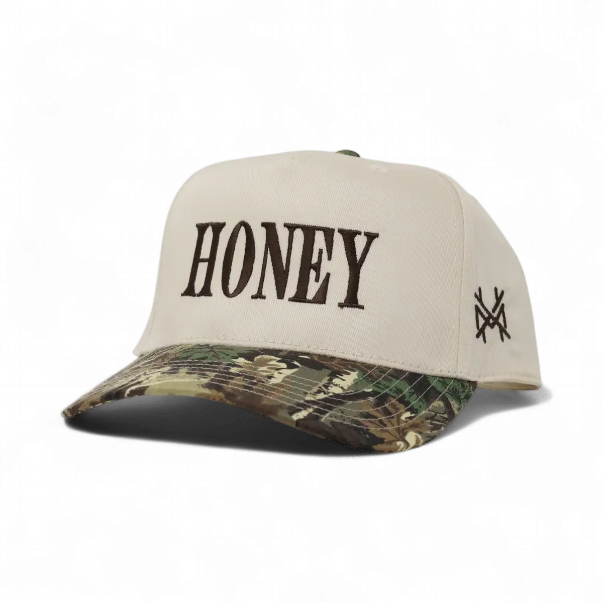 The Mad Hatter Company Honey Snapback, natural crown with a leaf camouflage bill and dark lettering