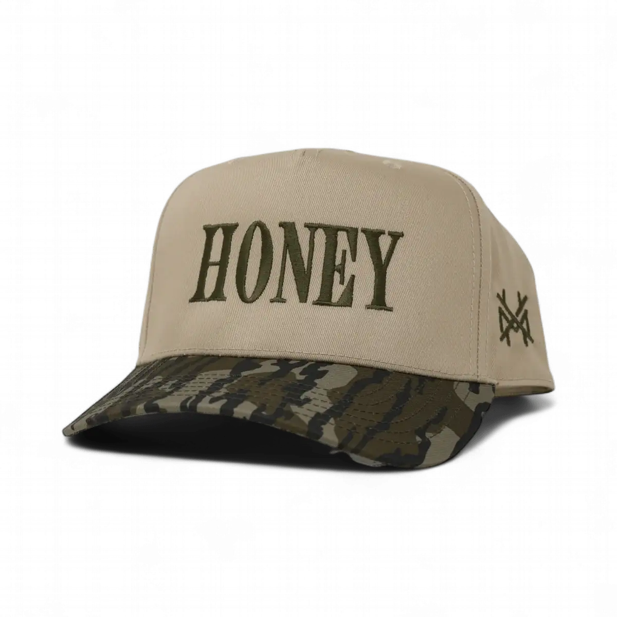 The Mad Hatter Company Honey Snapback, natural crown with a green camouflage bill