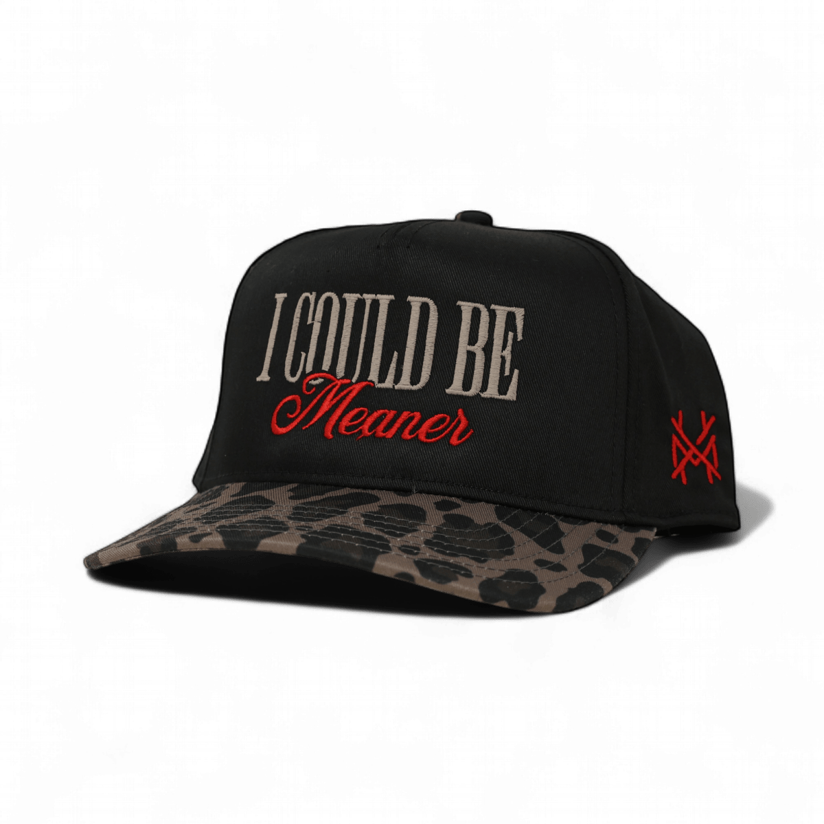 The Mad Hatter Company I Could Be Meaner, black crown with a leopard bill and red script detail
