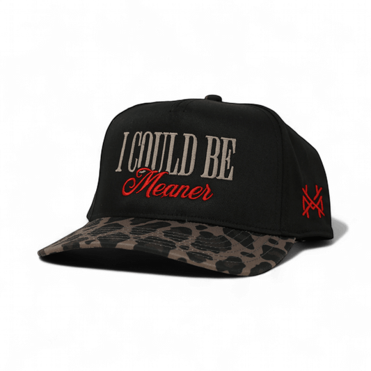 The Mad Hatter Company I Could Be Meaner, black crown with a leopard bill and red script detail
