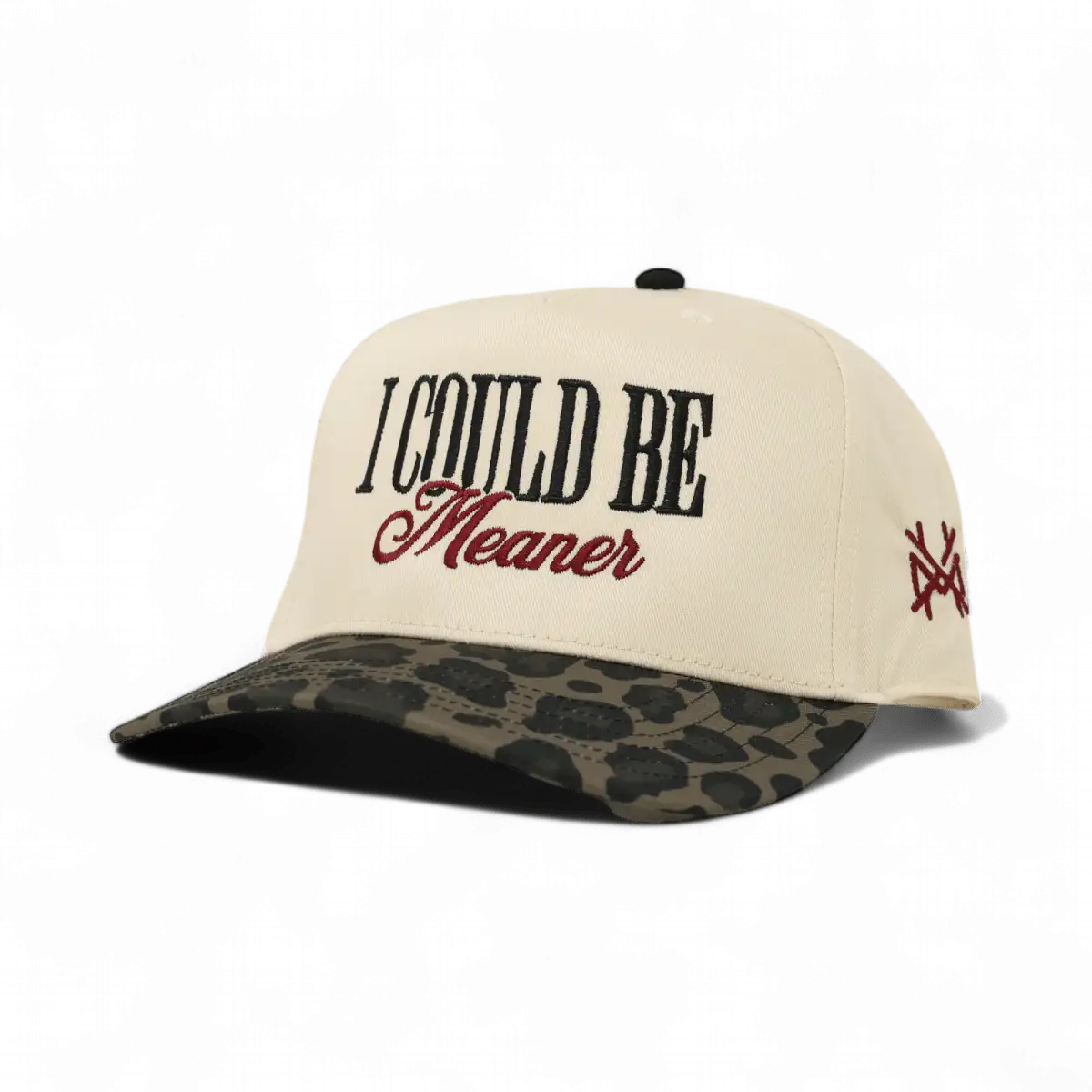 The Mad Hatter Company I Could Be Meaner, natural crown with a leopard bill and burgundy script