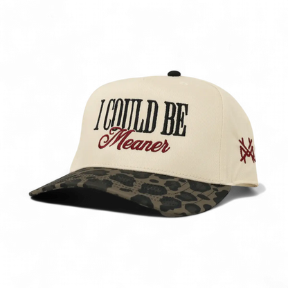 The Mad Hatter Company I Could Be Meaner, natural crown with a leopard bill and burgundy script