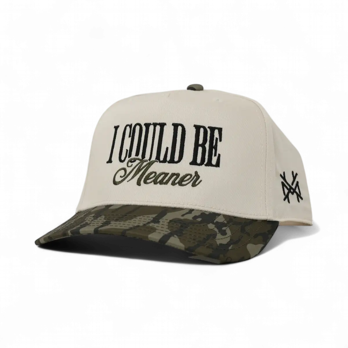 The Mad Hatter Company I Could Be Meaner, natural crown with a camouflage bill and dark lettering