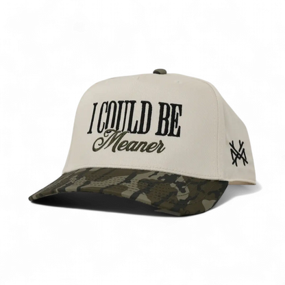 The Mad Hatter Company I Could Be Meaner, natural crown with a camouflage bill and dark lettering