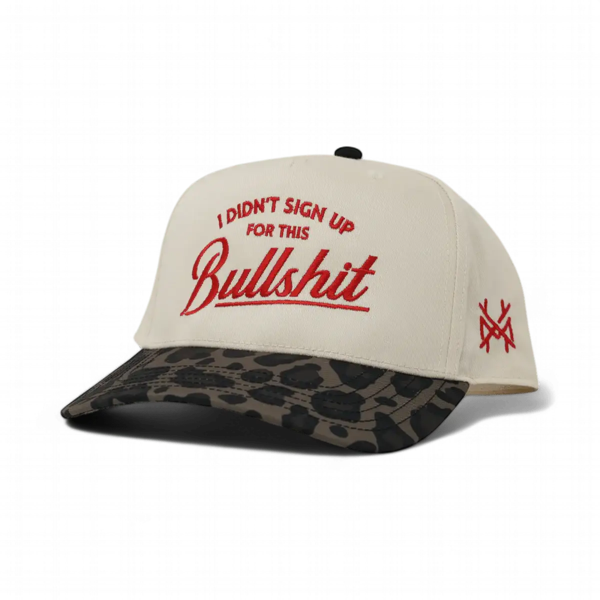 The Mad Hatter Company I Didn't Sign Up For This Bullshit Snapback Hat, natural crown with a leopard bill and burgundy lettering