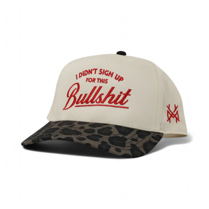 The Mad Hatter Company I Didn't Sign Up For This Bullshit Snapback Hat, natural crown with a leopard bill and burgundy lettering