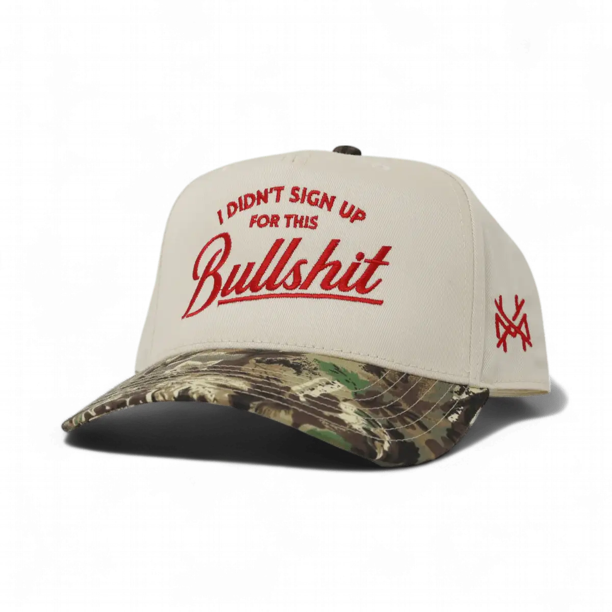 The Mad Hatter Company I Didn't Sign Up For This Bullshit Snapback Hat, natural cap with a dark camouflage bill and red embroidery