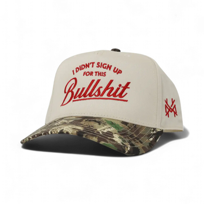 The Mad Hatter Company I Didn't Sign Up For This Bullshit Snapback Hat, natural cap with a dark camouflage bill and red embroidery