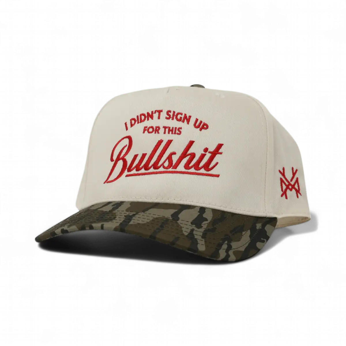 The Mad Hatter Company I Didn't Sign Up For This Bullshit Snapback Hat, natural crown with a woodland camouflage bill and red text