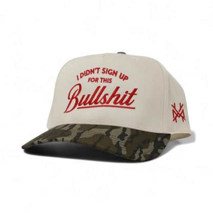 The Mad Hatter Company I Didn't Sign Up For This Bullshit Snapback Hat, natural crown with a woodland camouflage bill and red text