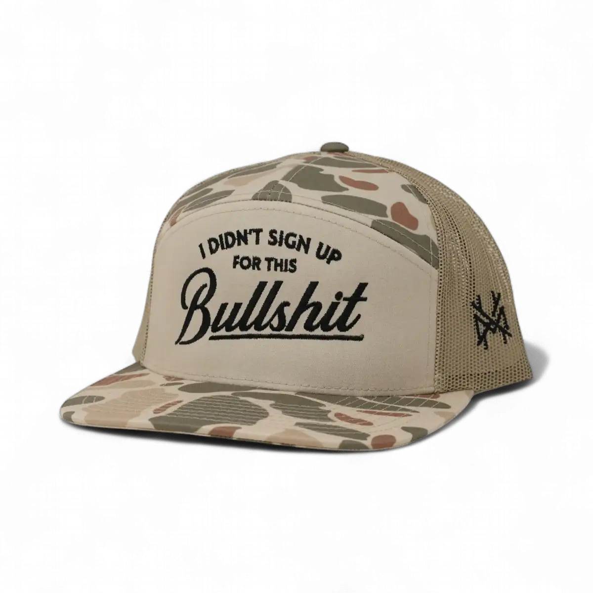 The Mad Hatter Company I Didn't Sign Up For This Bullshit Snapback Hat, natural crown with a pale camouflage bill and dark text