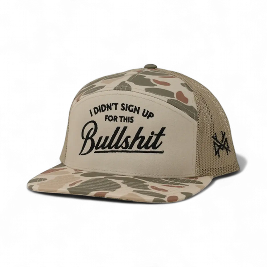 The Mad Hatter Company I Didn't Sign Up For This Bullshit Snapback Hat, natural crown with a pale camouflage bill and dark text