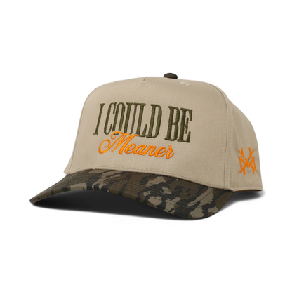 The Mad Hatter Company I Could Be Meaner, khaki crown with a camouflage brim and orange script