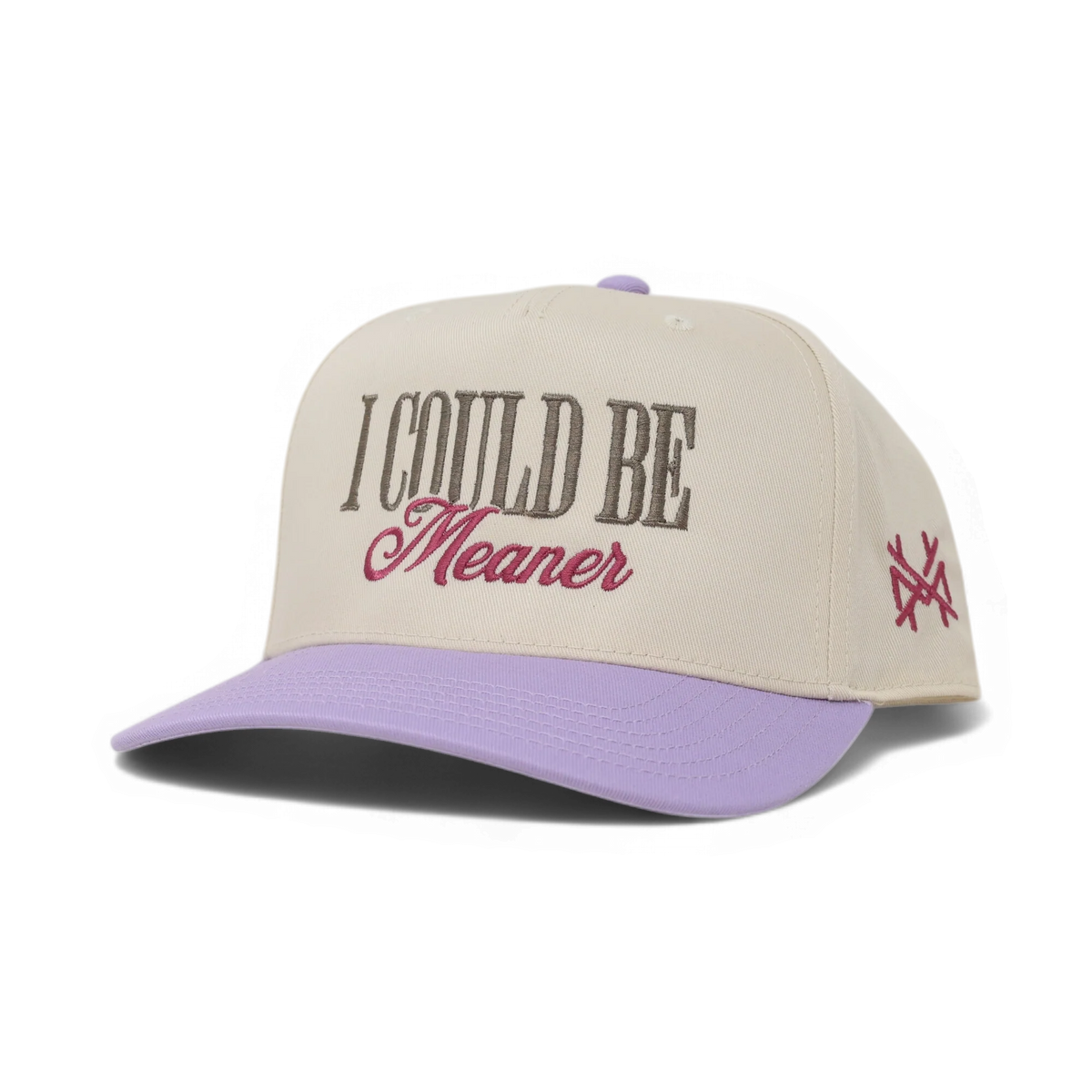 The Mad Hatter Company I Could Be Meaner, natural crown with a lavender bill and pink script
