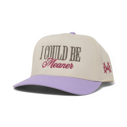 The Mad Hatter Company I Could Be Meaner, natural crown with a lavender bill and pink script