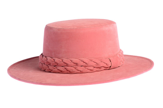 ASN Hats La Vie En Rose pink boater hat, front angle showing the crown and brim