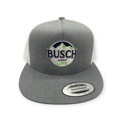 Angled view of Busch Lime Blime embroidered cap by Horizon Hat Co. in heather gray/white showing the bill and side panels