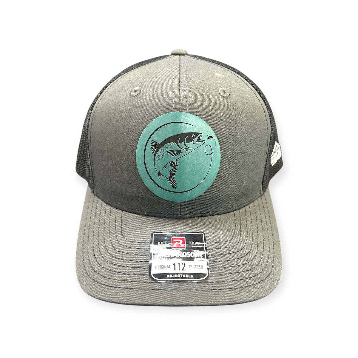 Front view of Fly Fish patch hat by Horizon Hat Co. in charcoal/black showing fish and fly-fishing rod patch artwork