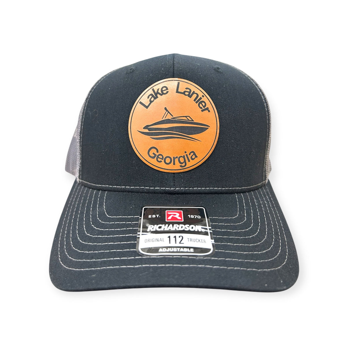Front view of Lake Lanier patch hat by Horizon Hat Co. in black/charcoal showing lake lanier, georgia, destination patch
