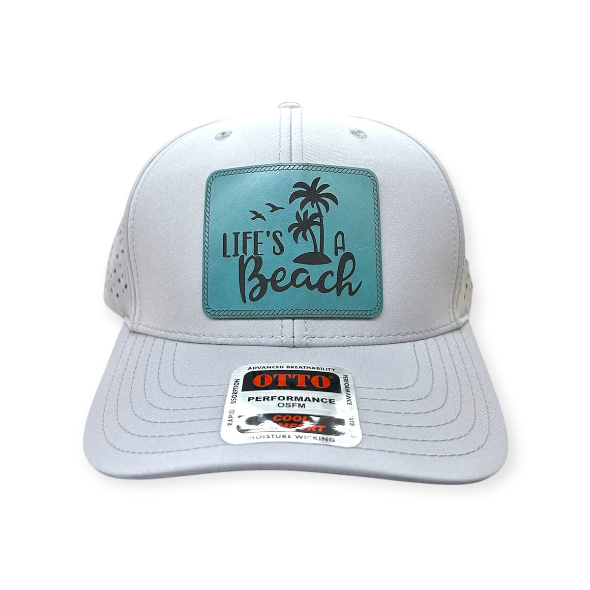 Front view of Life's A Beach patch hat by Horizon Hat Co. in white showing life's a beach patch with palm tree artwork