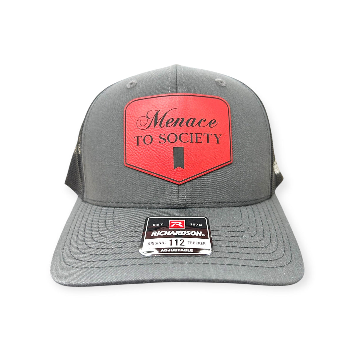 Front view of Menace to Society patch hat by Horizon Hat Co. in charcoal/black showing red menace to society statement patch