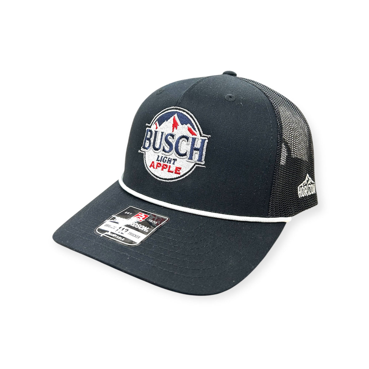 Angled view of Busch Apple Bapple cap by Horizon Hat Co. in Black Rope showing busch apple bapple artwork, embroidered or uv-printed patch depending on the selected style