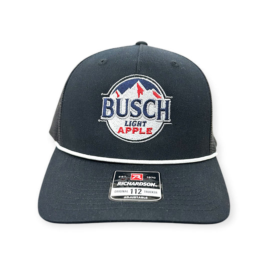 Front view of Busch Apple Bapple cap by Horizon Hat Co. in Black Rope showing busch apple bapple artwork, embroidered or uv-printed patch depending on the selected style