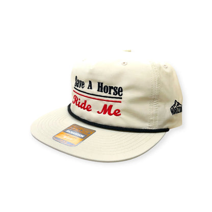 Angled view of Save a Horse, Ride Me embroidered cap by Horizon Hat Co. in birch/black showing the bill and side panels