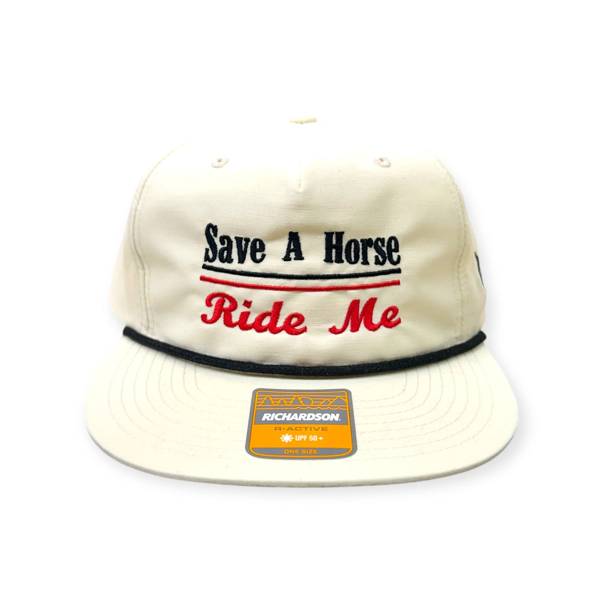 Front view of Save a Horse, Ride Me embroidered cap by Horizon Hat Co. in birch/black showing save a horse, ride me embroidery on two different cap styles