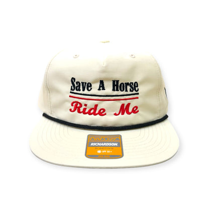 Front view of Save a Horse, Ride Me embroidered cap by Horizon Hat Co. in birch/black showing save a horse, ride me embroidery on two different cap styles