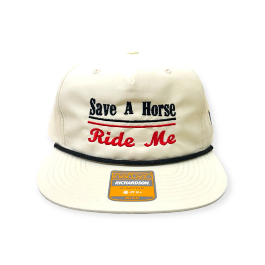 Front view of Save a Horse, Ride Me embroidered cap by Horizon Hat Co. in birch/black showing save a horse, ride me embroidery on two different cap styles
