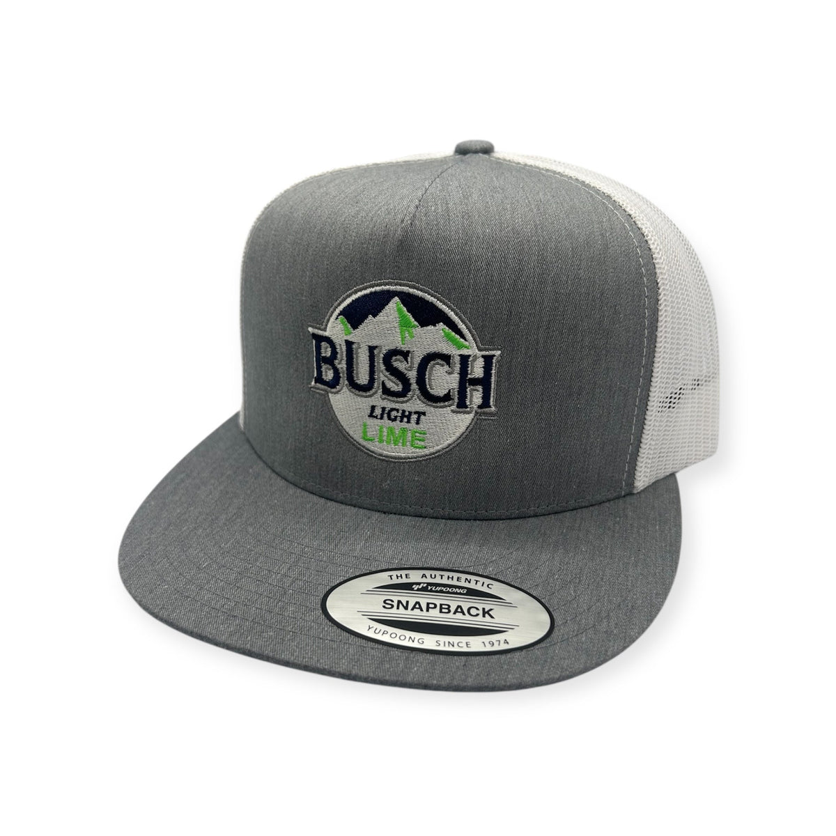 Front view of Busch Lime Blime embroidered cap by Horizon Hat Co. in heather gray/white showing busch lime blime embroidered artwork