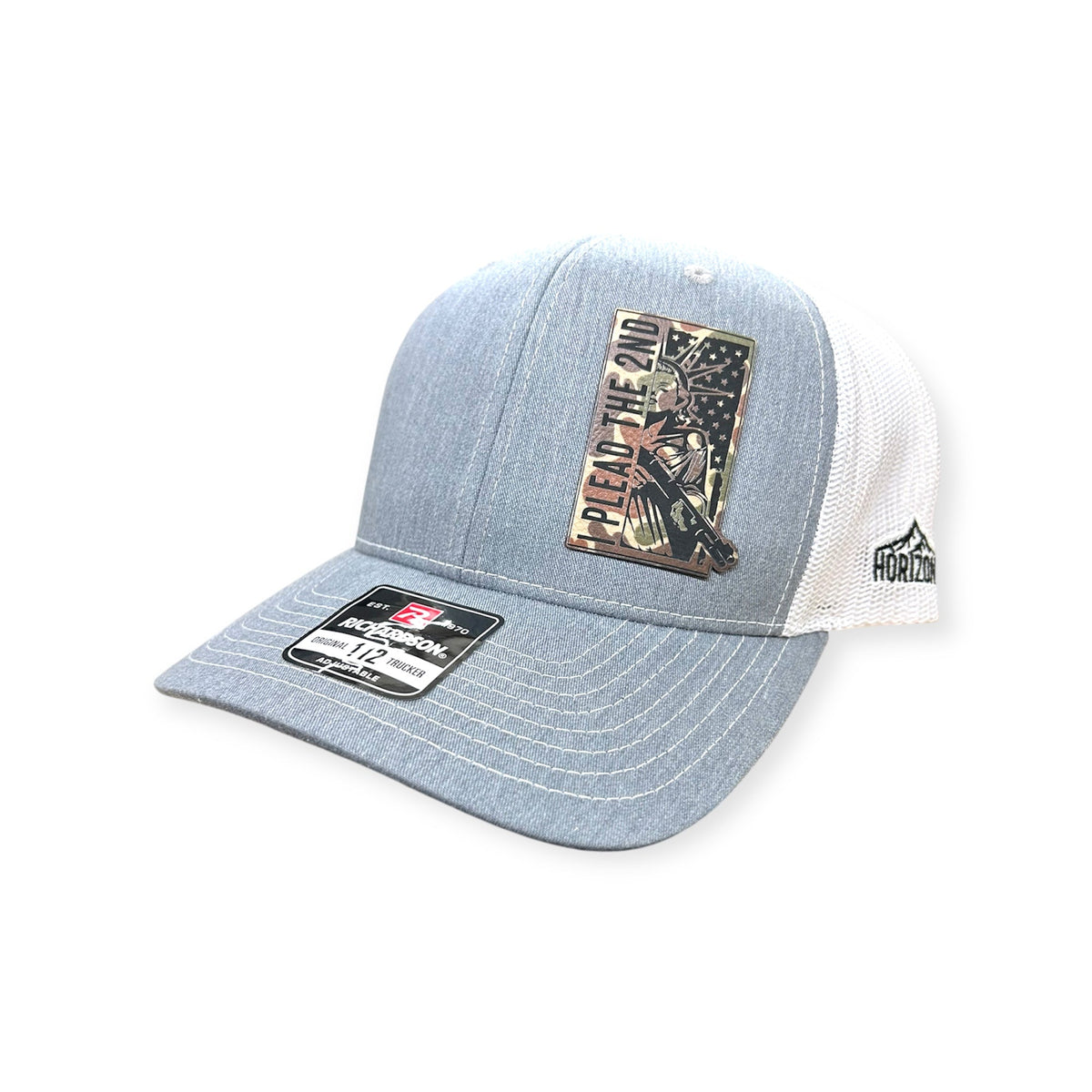 Angled view of I Plead the 2nd patch hat by Horizon Hat Co. in heather gray/white showing the curved bill and side panels