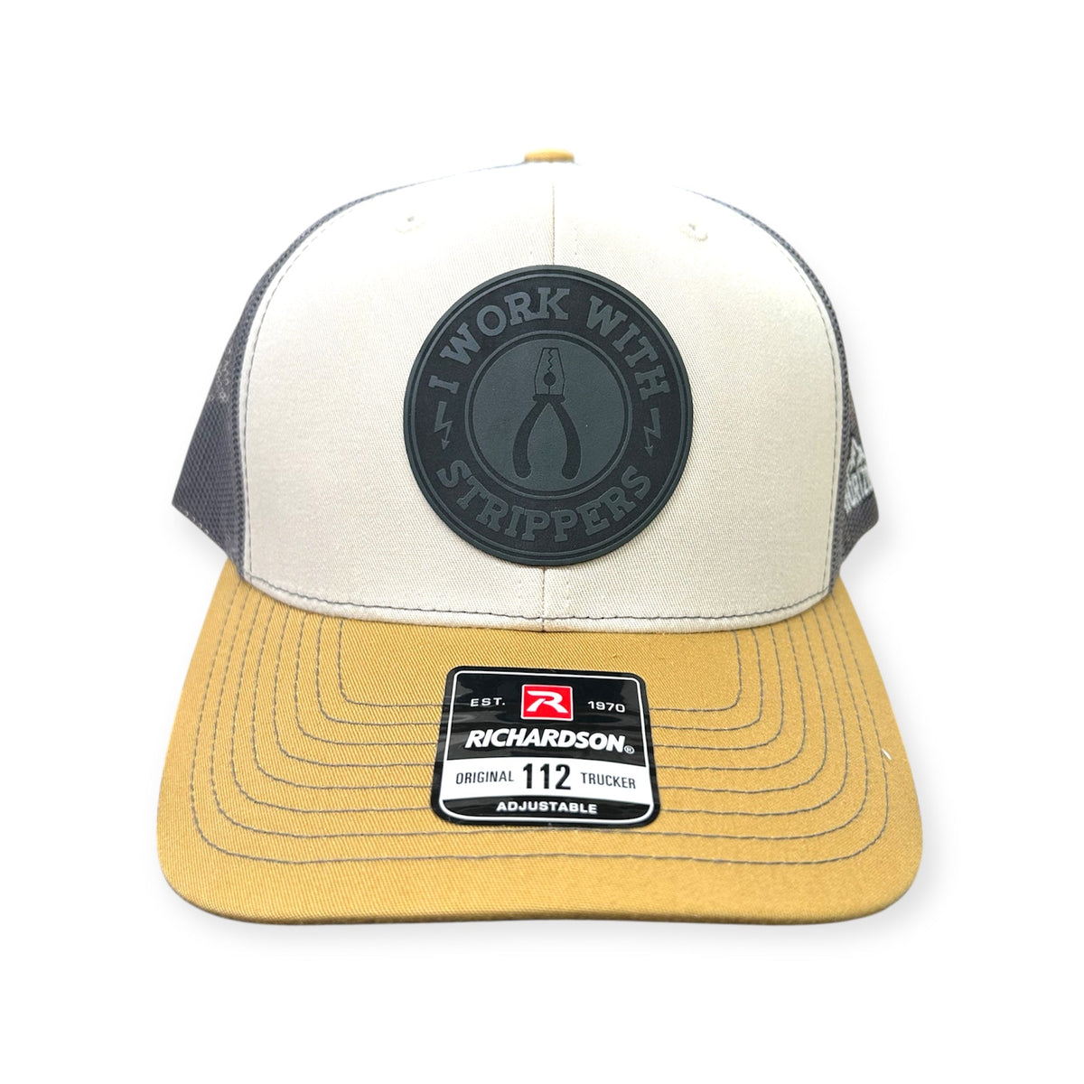 Front view of I Work With Strippers patch hat by Horizon Hat Co. in mink beige/charcoal/amber gold showing wire-stripper graphic and electrician-humor patch