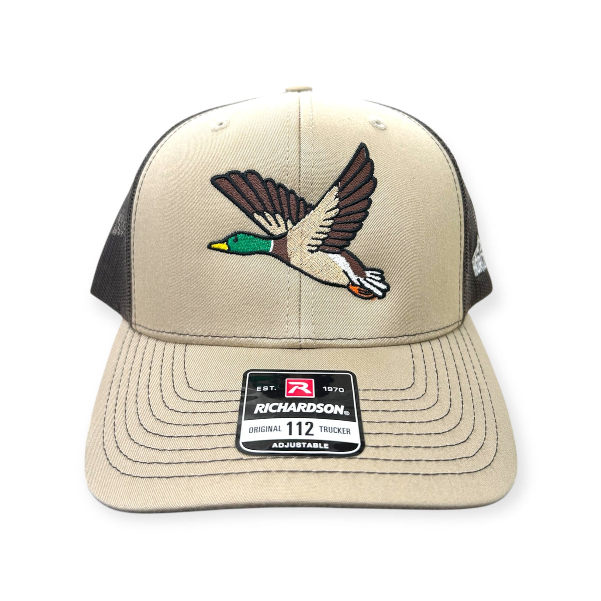 Front view of Flying Duck embroidered cap by Horizon Hat Co. in khaki/coffee showing flying mallard embroidery with detailed wings and green head