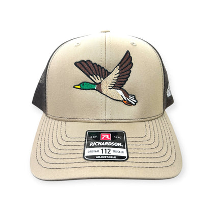 Front view of Flying Duck embroidered cap by Horizon Hat Co. in khaki/coffee showing flying mallard embroidery with detailed wings and green head