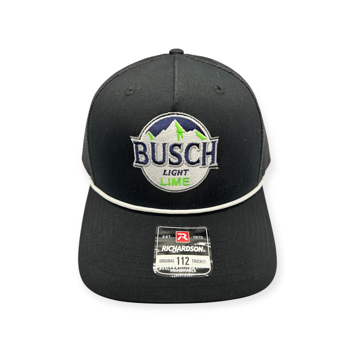 Angled view of Busch Lime Blime embroidered cap by Horizon Hat Co. in black showing the bill and side panels