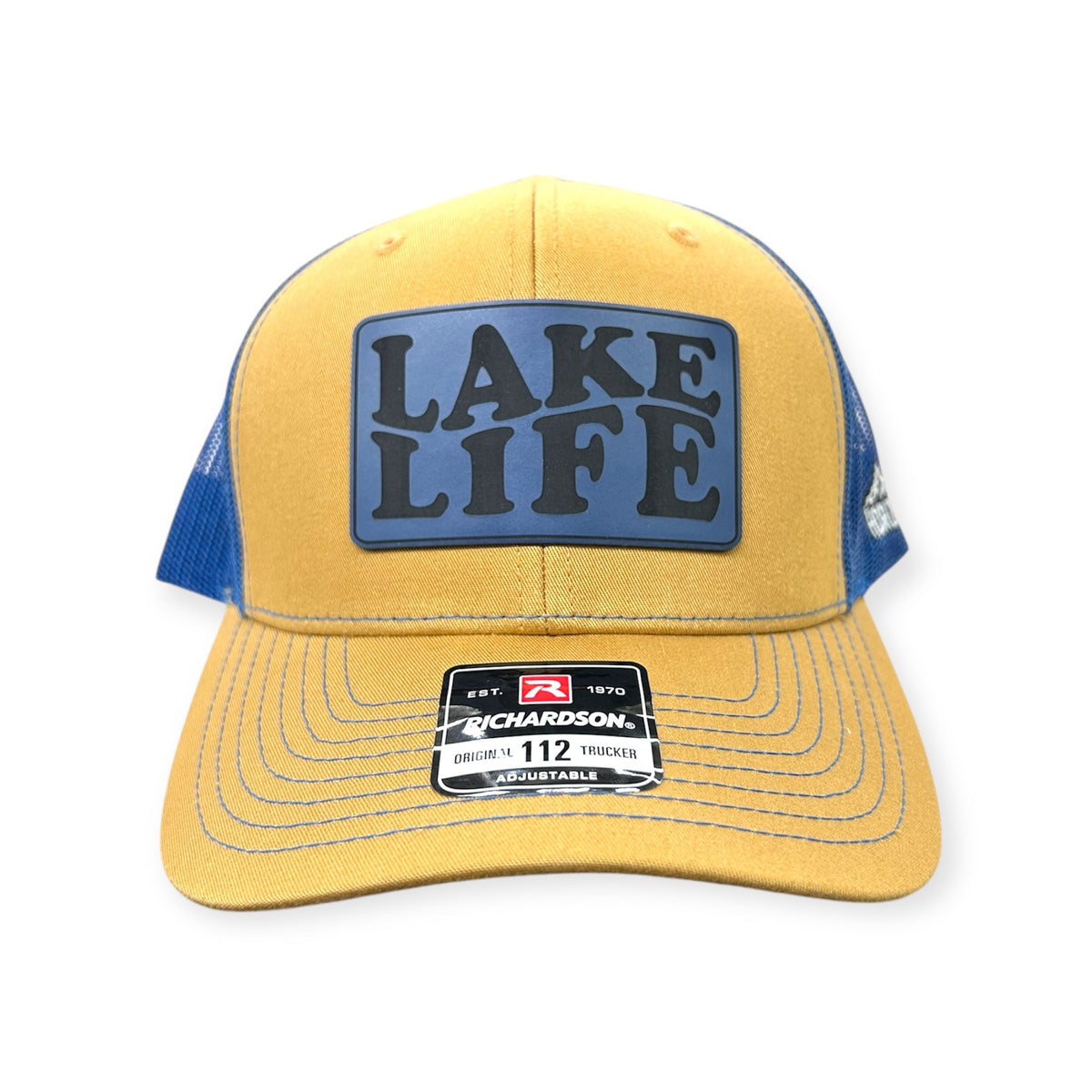 Front view of Lake Life #2 patch hat by Horizon Hat Co. in biscuit/royal blue showing lake life lettering on a rectangular patch