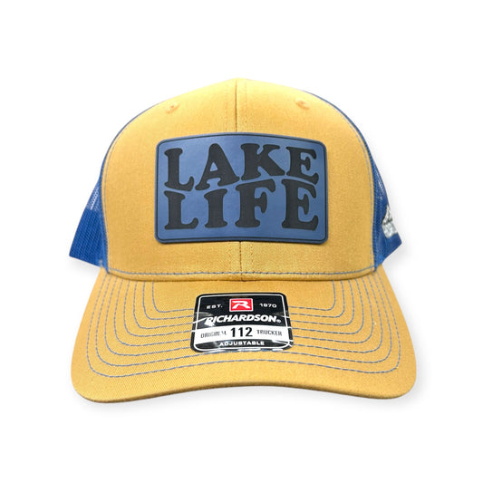 Front view of Lake Life #2 patch hat by Horizon Hat Co. in biscuit/royal blue showing lake life lettering on a rectangular patch