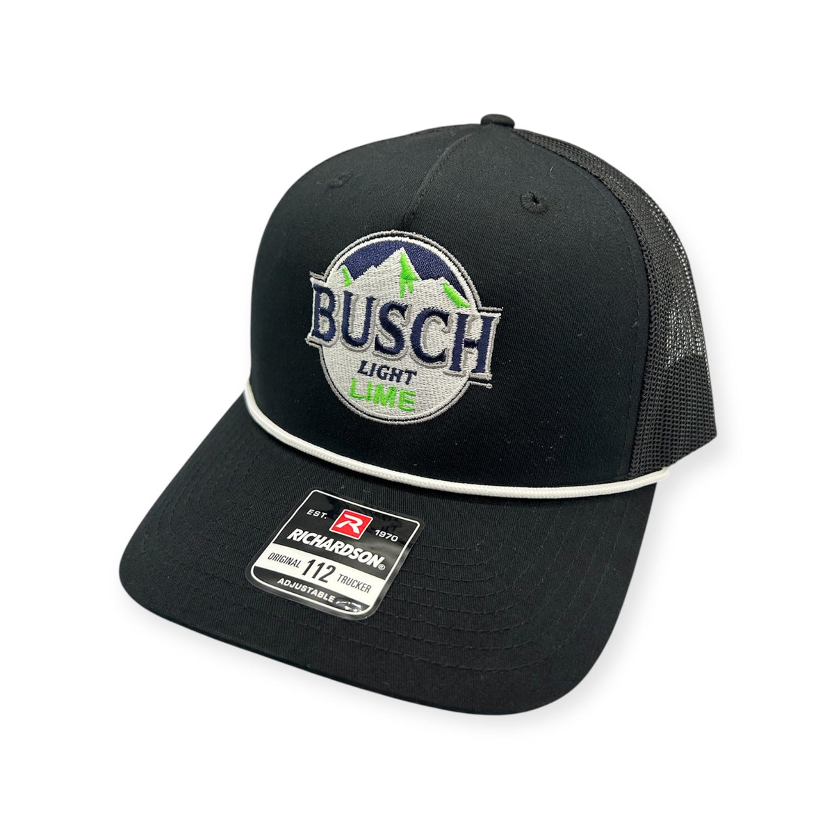 Front view of Busch Lime Blime embroidered cap by Horizon Hat Co. in black showing busch lime blime embroidered artwork