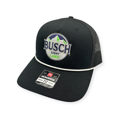 Front view of Busch Lime Blime embroidered cap by Horizon Hat Co. in black showing busch lime blime embroidered artwork