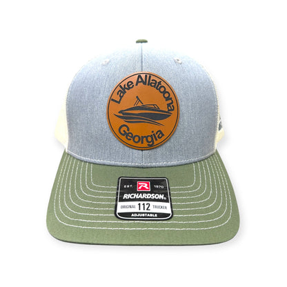 Front view of Lake Allatoona patch hat by Horizon Hat Co. in gray/birch/olive showing lake allatoona, georgia, destination patch