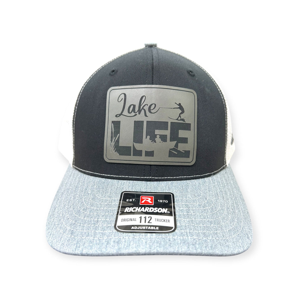 Front view of Lake Life patch hat by Horizon Hat Co. in black/white/gray showing lake life lettering and dockside-inspired patch artwork