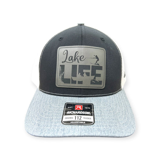 Front view of Lake Life patch hat by Horizon Hat Co. in black/white/gray showing lake life lettering and dockside-inspired patch artwork
